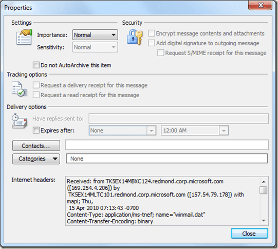 xem internet header của email trong Outlook
